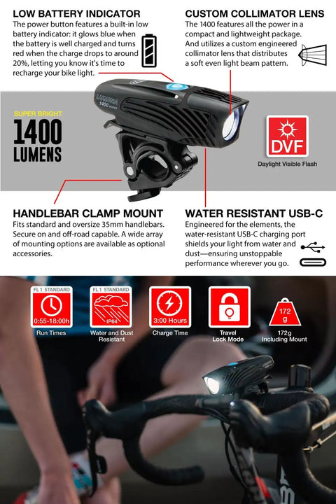 1400 Lumen USB C Rechargeable Bike Light With Boost Mode mounted on bike handlebar, showing features and specifications.