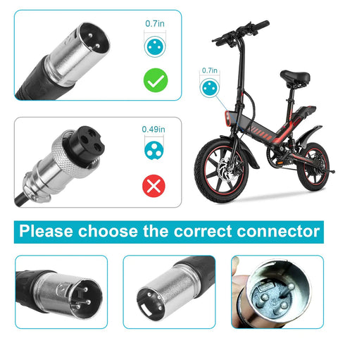44V Lead Acid Battery Charger For 36V Scooters And E Bikes With 3 Pin Male XLR Connector shown next to compatible scooter