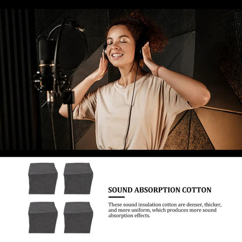 Woman enjoying sound with headphones in studio featuring 4 Piece Low Frequency Acoustic Absorption Blocks Polyurethane Wall Sound Dampener Noise Control Blocks For Recording Studio Home Theater Easy Cut Installation Banish That Muddy Bass Once And For All.