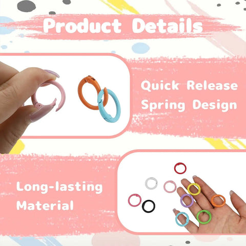 Hand holding 48 Pack Bulk Value Set Multicolor Small Round Carabiner Clips 1 Inch Metal Key Ring Hooks For DIY Keychains Bags