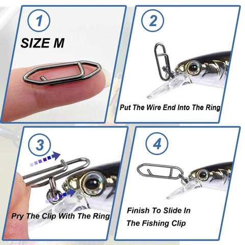 Pro Grade Fishing Power Clips 200 Pack Quick Change Stainless Steel Lure Connectors setup with lure