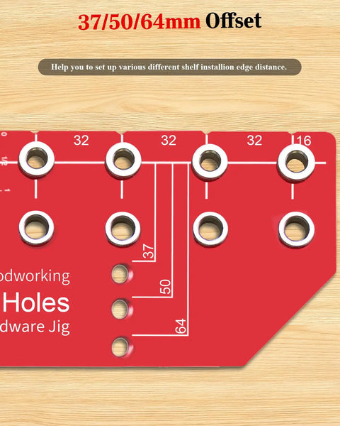 Close-up of 11 Hole Shelf Pin Jig With Adjustable Setup And Fast Clamp Includes One Quarter Inch And Five Millimeter Drill Bits