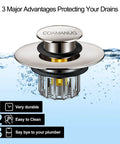 Tough As Nails Pop Up Tub Stopper With Integrated Hair Catcher And Fine Mesh Strainer in chromed design, highlighted above water.