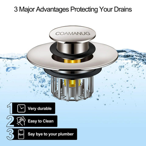 Tough As Nails Pop Up Tub Stopper With Integrated Hair Catcher And Fine Mesh Strainer in chromed design, highlighted above water.