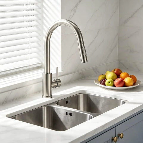 Rock Solid Kitchen Faucet With Smooth Pull Down Sprayer In Clean Brushed Nickel Finish above double sink with fresh fruit.