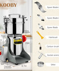 Heavy Duty 800G Electric Grain Grinder Mill 2000W Swing Type High Speed Pulverizer with accessories displayed