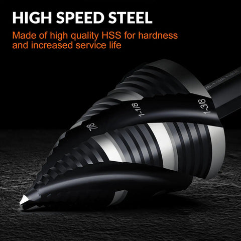 Close-up of Four Spiral Flute Step Drill Bit Set 3/16 Inch To 1-3/8 Inch Range With 1/4 Inch Shank HSS Unibit for durable metal cutting.