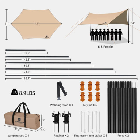 14.5x11 Feet Camping Tarp With Poles And Retainer PU9000Mm Waterproof 210D Oxford Cloth Canopy Shelter layout and contents