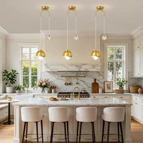 IPEDWO 2-Light Modern Gold Pendant Lights, Light Fixture for Kitchen Island hanging over a kitchen island with marble countertop.