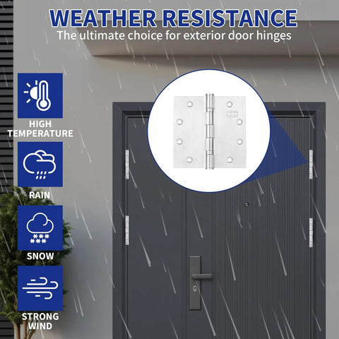 316 Stainless Steel Marine-Grade Door Hinges 4.5x4.5 Inches shown on exterior door in rainy weather conditions
