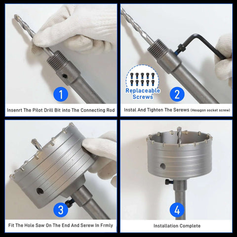 Front view of ATOLS concrete hole saw kit; pilot drill bit inserted into the connecting rod.
Side view of tightening replaceable screws into the hex socket connector on the drill rod.
Close-up of hole saw being attached to the end and secured with screws.
Installed: ATOLS concrete hole saw kit fully assembled on the drill rod.