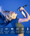 Performer singing with 2.4GHz Wireless Microphone System With XLR Transmitter And Receiver For Dynamic Mics against blue backdrop.