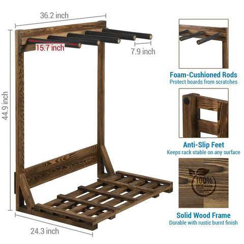 Rustic Burnt Wood Freestanding Surfboard Rack, 4 Foot Tall Vertical Stand with foam-cushioned rods and anti-slip feet