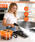Heavy Duty Handheld Steam Cleaner For Home And Car 1500W Blazing 15 Second Heat Up Extra Large 1800ML Tank in use on kitchen stove.