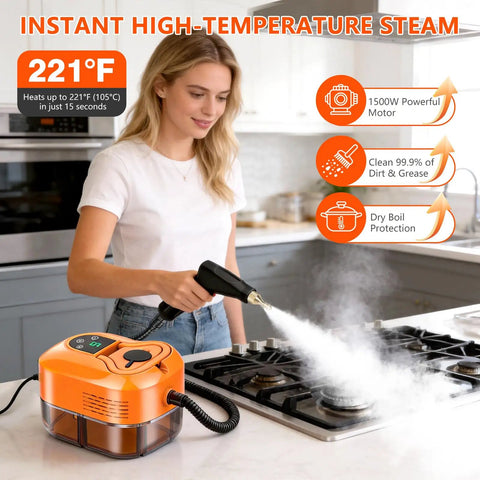 Heavy Duty Handheld Steam Cleaner For Home And Car 1500W Blazing 15 Second Heat Up Extra Large 1800ML Tank in use on kitchen stove.