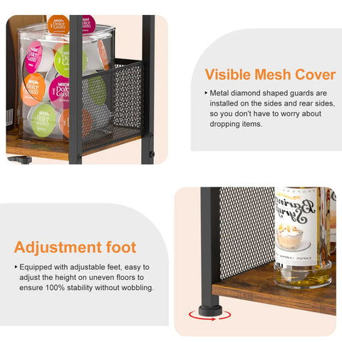 Details of Compact Three Tier Floor Standing Coffee Bar Shelf with visible mesh cover and adjustment foot for stability