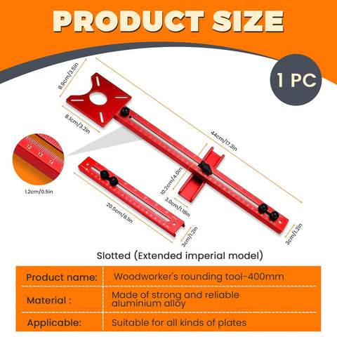 Slick Adjustable Router Bracket And Circle Cutting Jig For Woodworking, 400mm aluminum rounding tool with measurements.