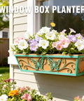 Two Pack 24 Inch Window Boxes Planter With Adjustable Brackets For Porch Deck Balcony Railing Hanging Butterfly Decorative Pattern Flower Baskets And Non Woven Fabric Liner For Outdoor Plants Green installed on house wall with flowers
