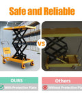 APOLLOLIFT hydraulic lift table cart; front and side views show yellow platform, black scissor arms, four wheels.