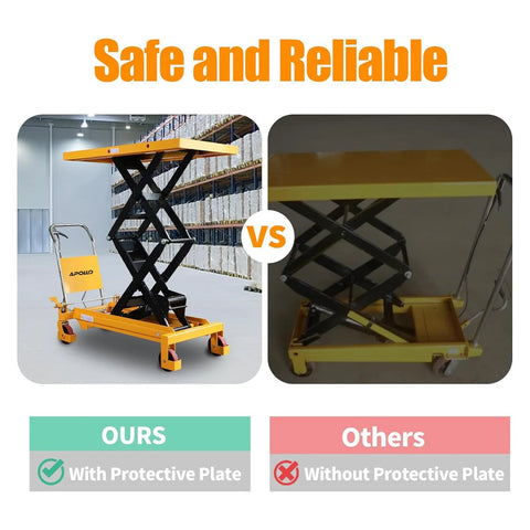 APOLLOLIFT hydraulic lift table cart; front and side views show yellow platform, black scissor arms, four wheels.