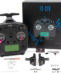 FS ST8 2.4GHz RC Transmitter with 10 Channels and FS SR8 Receiver boxed set, showing components for drones, planes, and more.