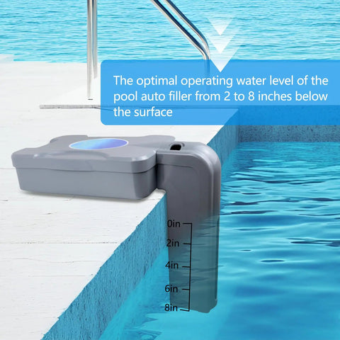Automatic Pool Filler That Keeps Your Water Level On Point All Day Long No More Constant Top Offs Smart Auto Fill Device For Pools Water Leveler Level Control Easy Install Low Maintenance Energy Efficient gray plastic pool water leveler on deck, 2-8 in setting
