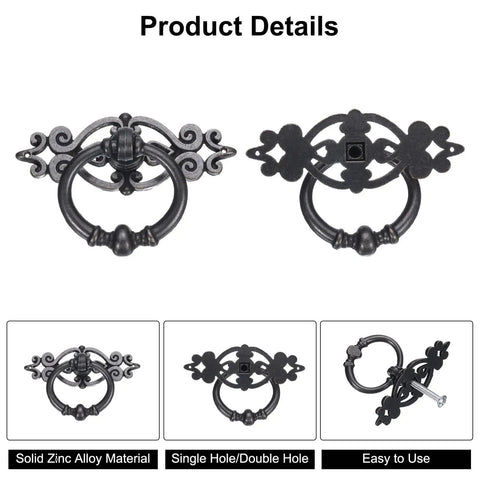 Vintage Ring Drawer Pulls Set of 2 Black Zinc Alloy Dresser Knobs With Screws Retro Style Handles for Furniture Cabinets
