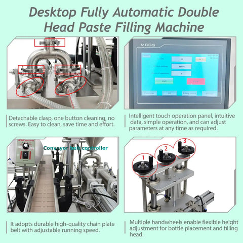 Heavy Duty Smooth Operator Double Nozzle Paste Filling Machine with dual heads and touch panel for precise filling.
