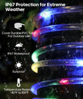 Lit Solar Rope Lights for Outdoor Trampoline Setup 66Ft 200LED with 1800mAh Battery IP67 Waterproof features infographic.