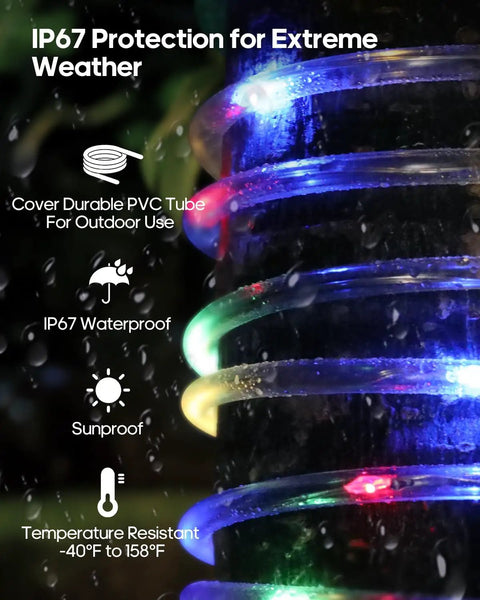 Lit Solar Rope Lights for Outdoor Trampoline Setup 66Ft 200LED with 1800mAh Battery IP67 Waterproof features infographic.