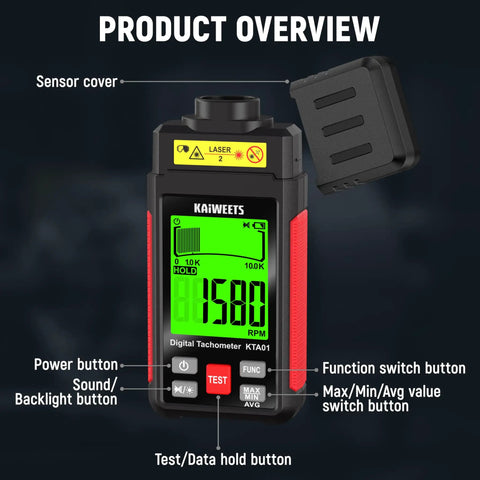 Non Contact RPM Tachometer With Reflection Tape, 10-99999 RPM Laser Digital Tachometer With Large LCD, Backlight, Data Hold, And Max Min Avg Readouts For Engines, Machines, DIY Projects, front view