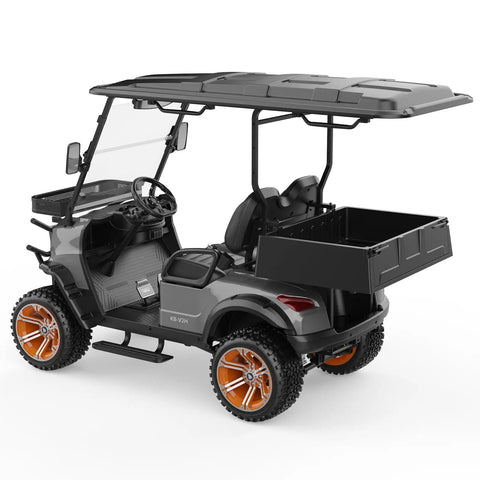 Slick Electric Golf Cart Built With A Beefy 48V 5KW AC Motor And Workhorse 100Ah Battery Cruises Smoothly At 16 MPH with utility bed.