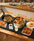 Portable Silicone Food Warming Mat With Rapid Full Surface Heat Six Temp Levels And Adjustable Timer supports various tableware on a kitchen counter.