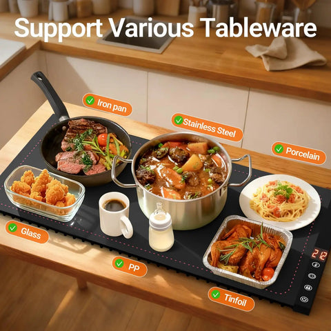 Portable Silicone Food Warming Mat With Rapid Full Surface Heat Six Temp Levels And Adjustable Timer supports various tableware on a kitchen counter.