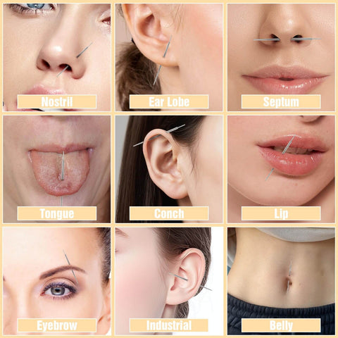 Piercing Taper Ball Grabber Tool For Easy Jewelry Swaps And Insertion Flat Back Earrings Fit Threadless Insertion Pin Pro Grade Body Piercing Kit shown in use on various body parts including nostril, ear lobe, septum, tongue, conch, lip, eyebrow, industrial, and belly.