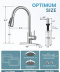 Dimensions and layout for Kitchen Faucet with Soap Dispenser in 304 Stainless Steel Pull Down Sprayer 3 Modes Single Handle High Arc Brushed Nickel.