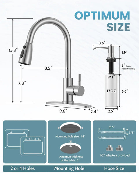 Dimensions and layout for Kitchen Faucet with Soap Dispenser in 304 Stainless Steel Pull Down Sprayer 3 Modes Single Handle High Arc Brushed Nickel.