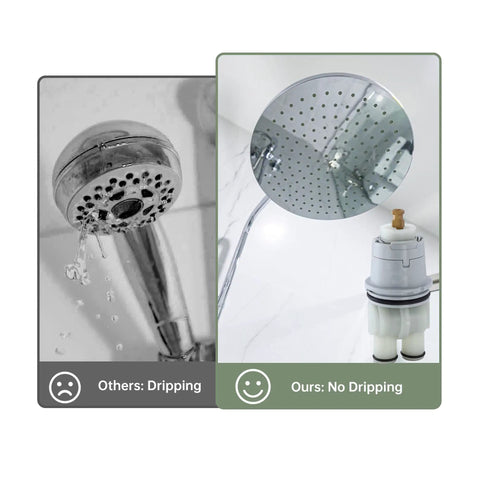 Comparison of dripping showerhead vs no drip using Shower Cartridge Replacement For 13 And 14 Series Single Handle Faucets No Drip Fix, Compatible With MultiChoice Rough In Valve, OEM Design, Leak Proof And Durable RP46074.