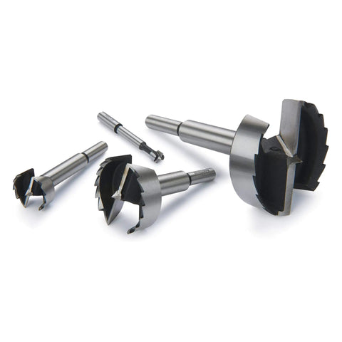Heavy Duty High Carbon Steel Forstner Bit Set Featuring 24 Pieces For Drilling Precision Flat Bottom Holes In Raw Timber And Lumber Comes Loaded With A Nifty Wooden Storage Crate That Keeps Gear Organized And Ready - Close-up of various drill bits.
