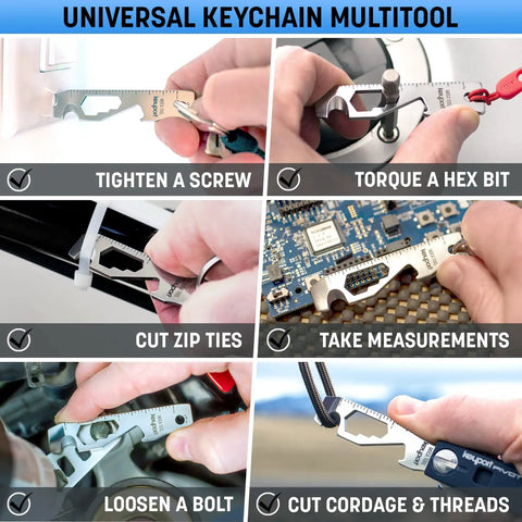10 In 1 Keychain Multitool Stainless Steel For Everyday Carry with images showing various uses like tightening screws, cutting zip ties.