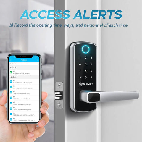 Drop The Clunky Keys On This Hassle Free Smart Door Lock With Fingerprint Scanner And Keypad Digital Entry, showing access alerts on smartphone.