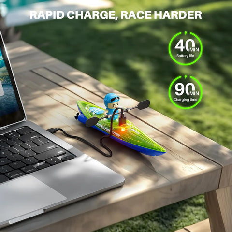 Dual RC Kayaks For Kids 6-12 With Magnetic Dolphin Nose And Three Balls charging beside a laptop on a wooden table