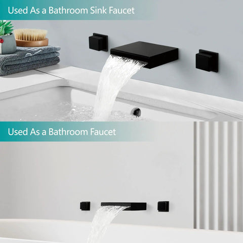 Waterfall Wall Mount Bathroom Faucet With Dope Matte Black Finish Dual Handle Three Hole Sink Faucet Modern Design 8 Inch Center Rough In Valve Included Easy Install in a modern bathroom setting