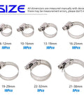 60 Piece Hose Clamp Kit In 6-38mm Range, 304 Stainless Steel Worm Gear Clamps with sizes and quantities shown on white background