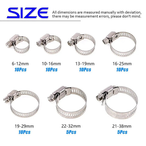 60 Piece Hose Clamp Kit In 6-38mm Range, 304 Stainless Steel Worm Gear Clamps with sizes and quantities shown on white background