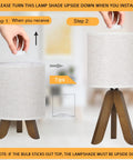 Wooden Tripod Table Lamp With Brown Base And Linen Fabric Shade, Space Saving Nightstand Light For Bedroom Kids Room Nursery Or Dorm