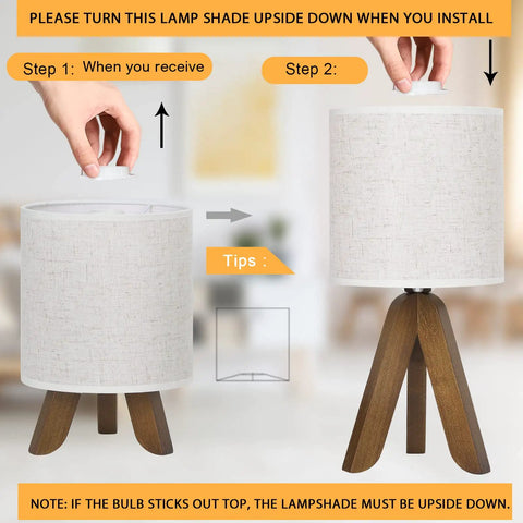 Wooden Tripod Table Lamp With Brown Base And Linen Fabric Shade, Space Saving Nightstand Light For Bedroom Kids Room Nursery Or Dorm