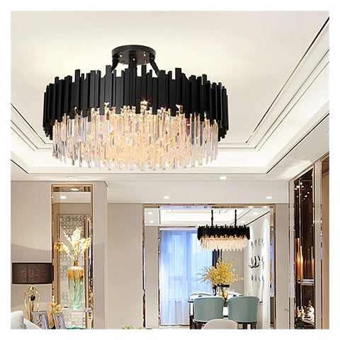 Stylish Black Stainless Steel LED Crystal Pendant Light Dope Design Bright Cold White Hanging Fixture For Living Room Dining Hall Kitchen Loft Space Premium Lighting Upgrade That Elevates Your Vibe And Glows Smooth All Night Long, modern design in bright interior.