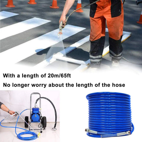 Blue Airless Paint Spray Hose with Flexible Fiber Tube 65 ft long, showing usage in professional exterior road marking application.