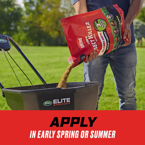 Person applying Lawn Bug Killer Granules For Large Yards Up To 10,000 Sq Ft Kills Ants Spiders Fleas And Ticks into a spreader.